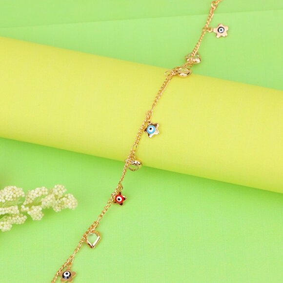 "Evil Eye Flower & Heart Charm Rose Gold Anklet, XPAL1190 - Picture 8 of 12